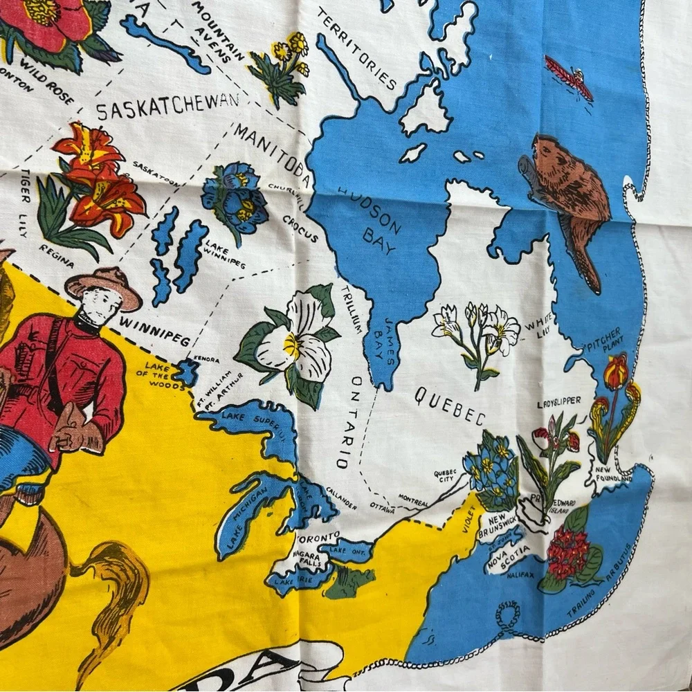Vintage Souvenir Tablecloth From Canada Linen Mounty, Map Providences 36…